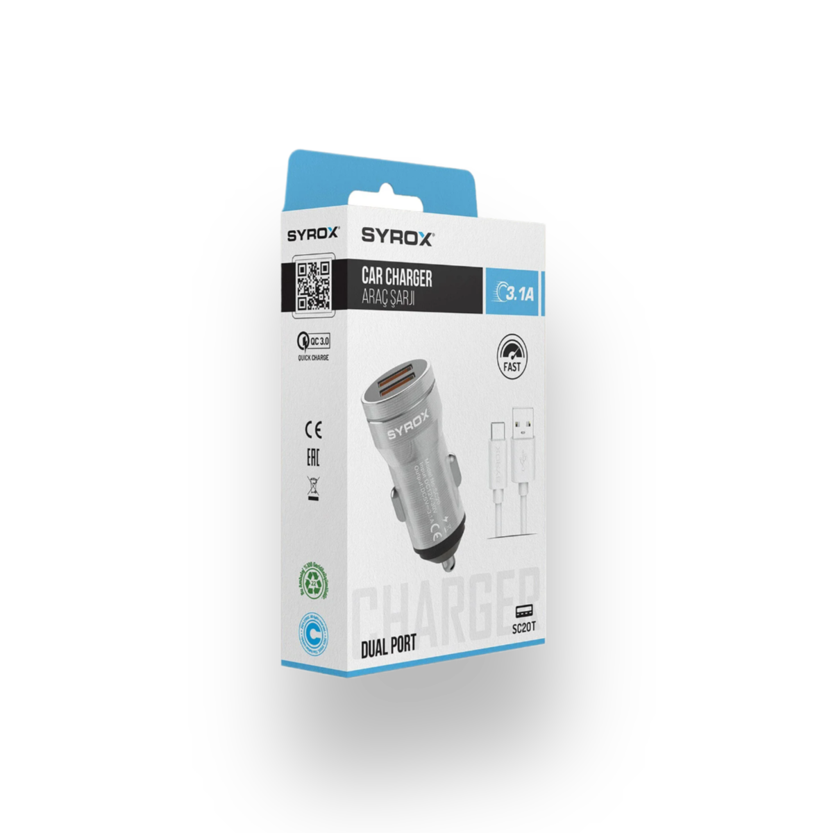 SC20T 3.1A Q.C. 3.0 1mt USB Type-C Kablolu 2xUSB-A  Hızlı Araç Şarj Cihazı - Gri Uyumlu